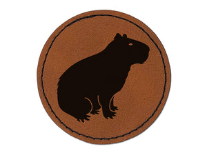 Capybara Rodent Silhouette Round Iron-On Engraved Faux Leather Patch Applique - 2.5"