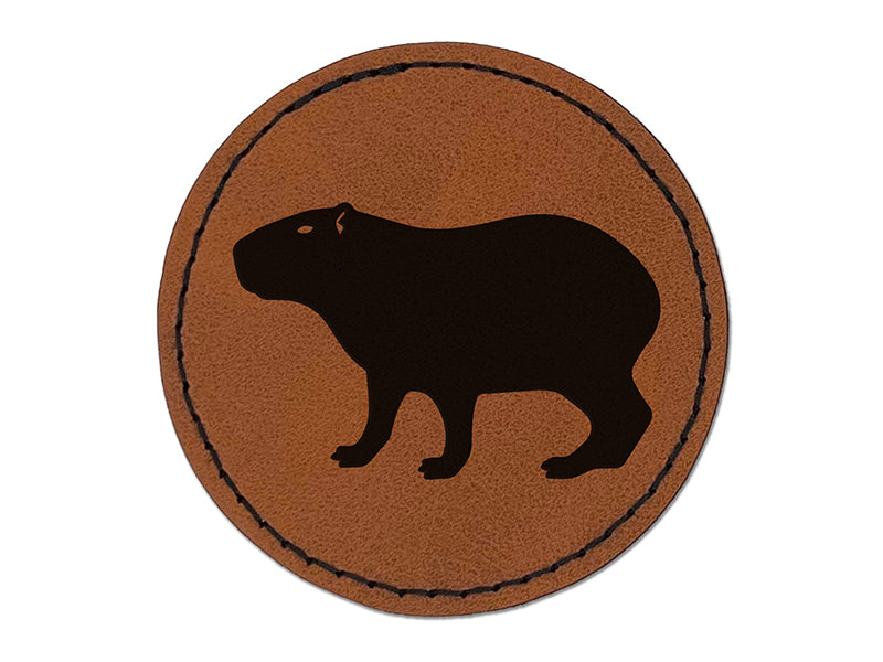 Capybara Standing Silhouette Round Iron-On Engraved Faux Leather Patch Applique - 2.5"