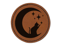 Cat in Moon Playing with Stars Round Iron-On Engraved Faux Leather Patch Applique - 2.5"