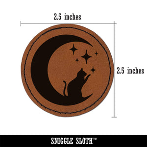 Cat in Moon Playing with Stars Round Iron-On Engraved Faux Leather Patch Applique - 2.5"
