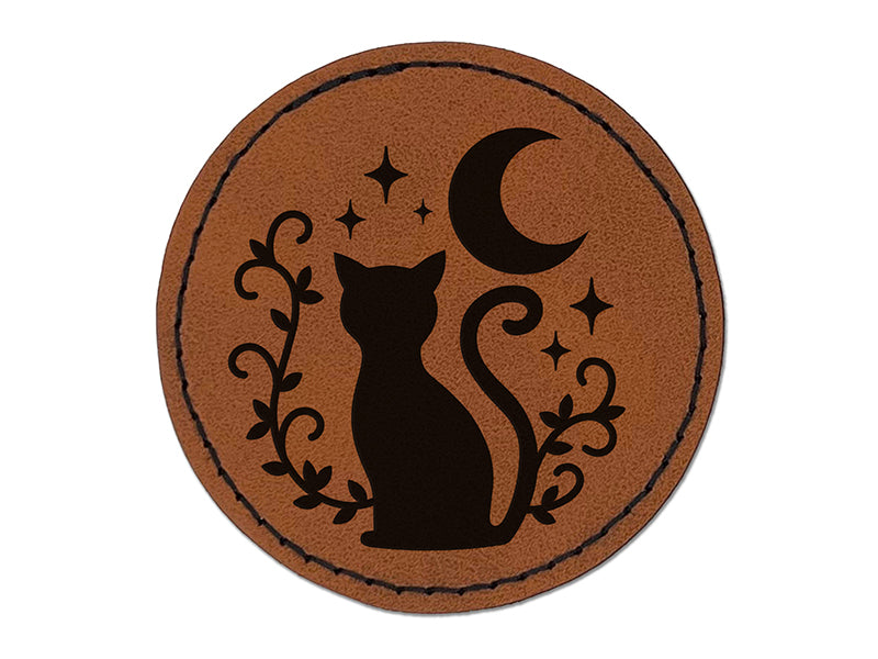 Cat Moon Stars Round Iron-On Engraved Faux Leather Patch Applique - 2.5"