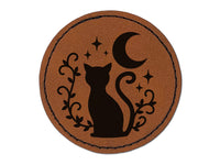 Cat Moon Stars Round Iron-On Engraved Faux Leather Patch Applique - 2.5"