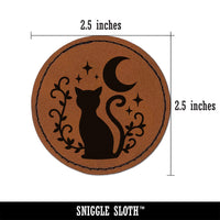 Cat Moon Stars Round Iron-On Engraved Faux Leather Patch Applique - 2.5"