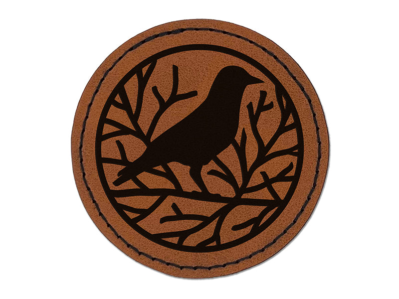 Crow Raven Branches Round Iron-On Engraved Faux Leather Patch Applique - 2.5"