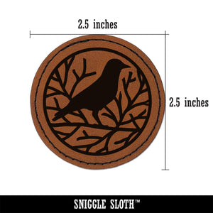 Crow Raven Branches Round Iron-On Engraved Faux Leather Patch Applique - 2.5"