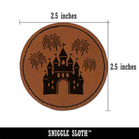 Fairytale Castle and Fireworks Round Iron-On Engraved Faux Leather Patch Applique - 2.5"