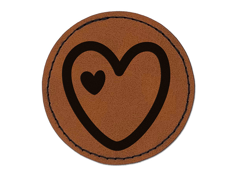 Heart in Heart Love Round Iron-On Engraved Faux Leather Patch Applique - 2.5"