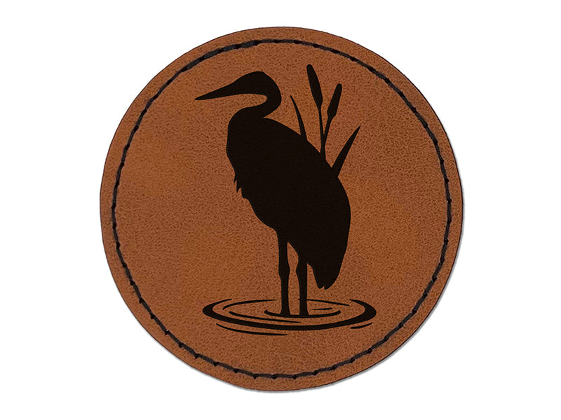 Heron Bird Silhouette Round Iron-On Engraved Faux Leather Patch Applique - 2.5"