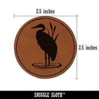 Heron Bird Silhouette Round Iron-On Engraved Faux Leather Patch Applique - 2.5"