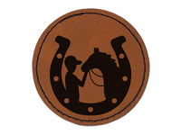 Horseshoe Horse and Boy Round Iron-On Engraved Faux Leather Patch Applique - 2.5"