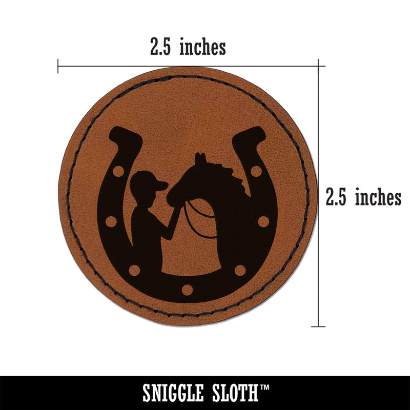 Horseshoe Horse and Boy Round Iron-On Engraved Faux Leather Patch Applique - 2.5"