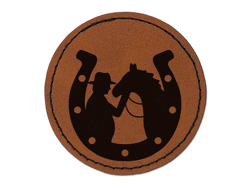 Horseshoe Horse and Cowboy Round Iron-On Engraved Faux Leather Patch Applique - 2.5"