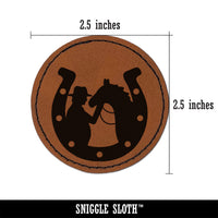 Horseshoe Horse and Cowboy Round Iron-On Engraved Faux Leather Patch Applique - 2.5"