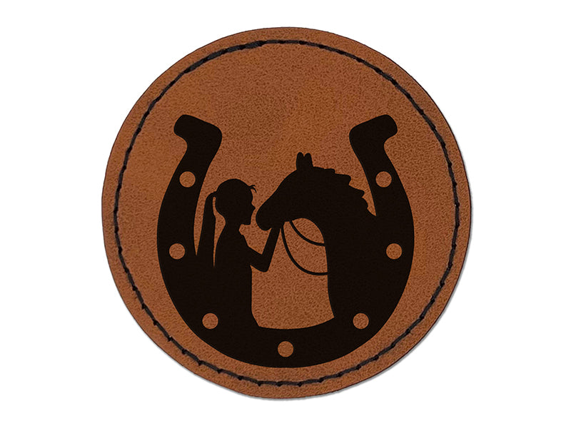 Horseshoe Horse and Girl Round Iron-On Engraved Faux Leather Patch Applique - 2.5"