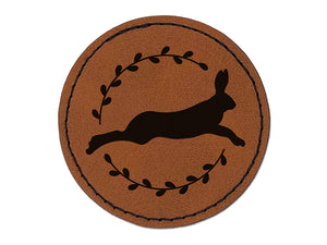 Leaping Jack Rabbit Silhouette Round Iron-On Engraved Faux Leather Patch Applique - 2.5"