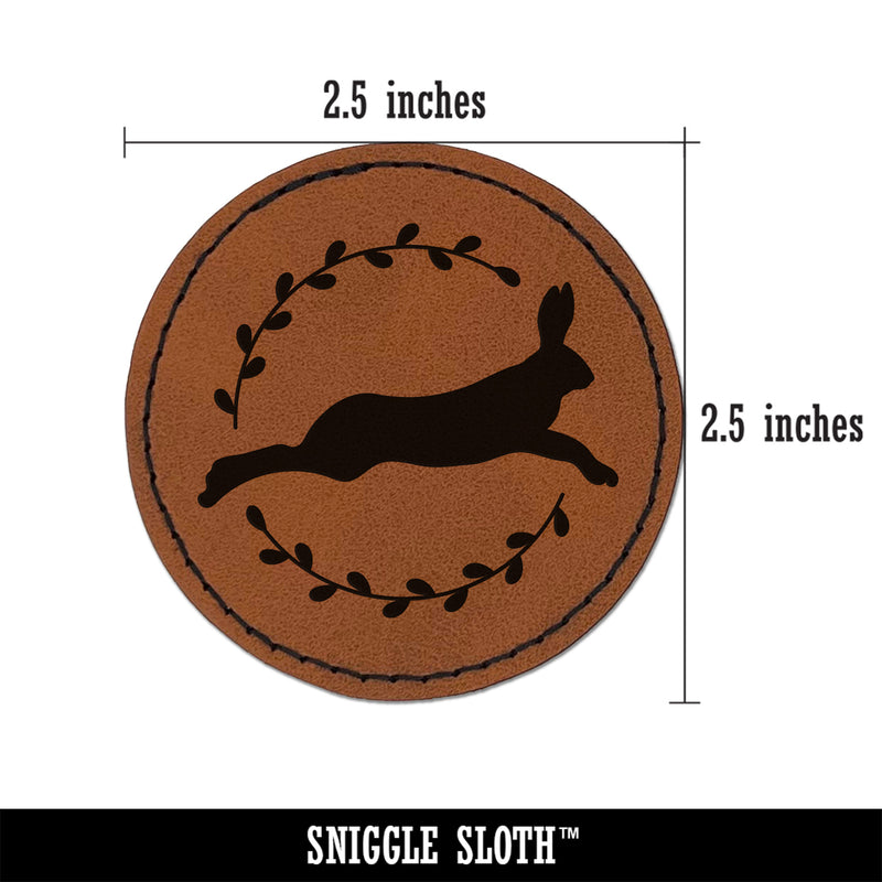 Leaping Jack Rabbit Silhouette Round Iron-On Engraved Faux Leather Patch Applique - 2.5"