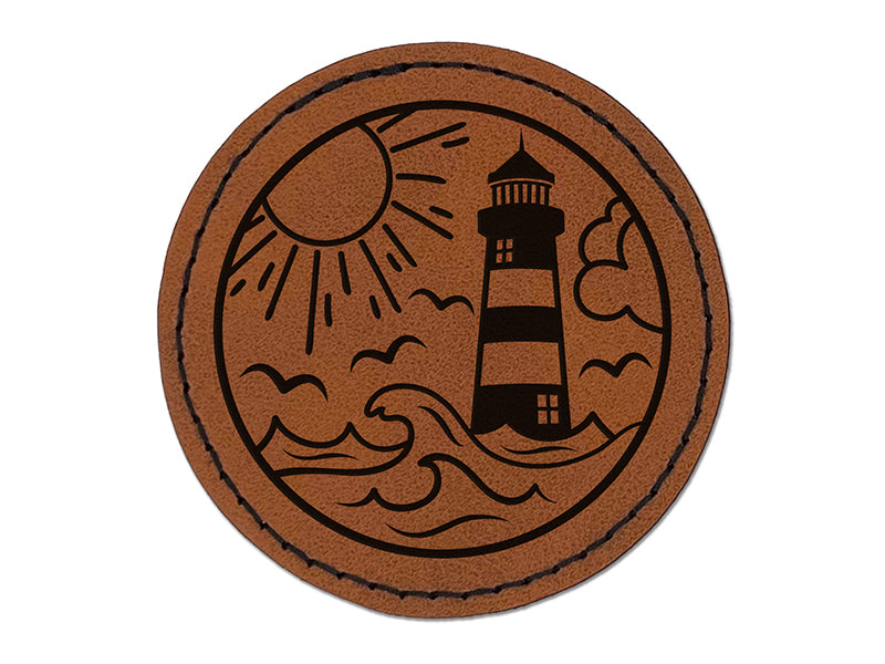 Lighthouse Sea Ocean Waves Round Iron-On Engraved Faux Leather Patch Applique - 2.5"