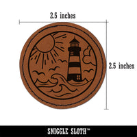 Lighthouse Sea Ocean Waves Round Iron-On Engraved Faux Leather Patch Applique - 2.5"