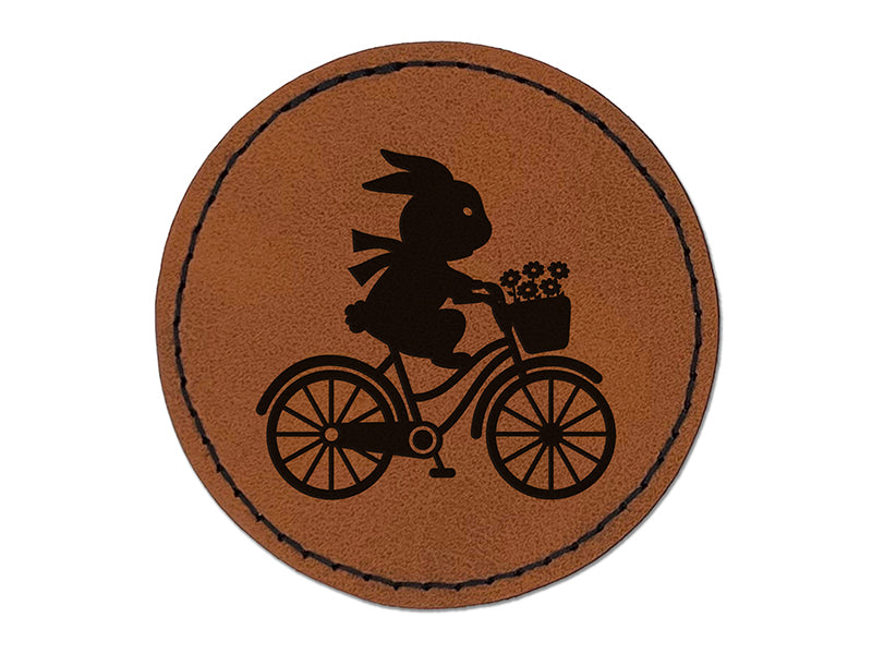 Rabbit Bunny on Bike Round Iron-On Engraved Faux Leather Patch Applique - 2.5"