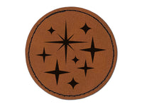 Retro Vintage Four Pointed Stars Round Iron-On Engraved Faux Leather Patch Applique - 2.5"