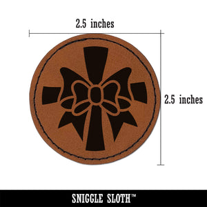 Ribbon on Package Round Iron-On Engraved Faux Leather Patch Applique - 2.5"