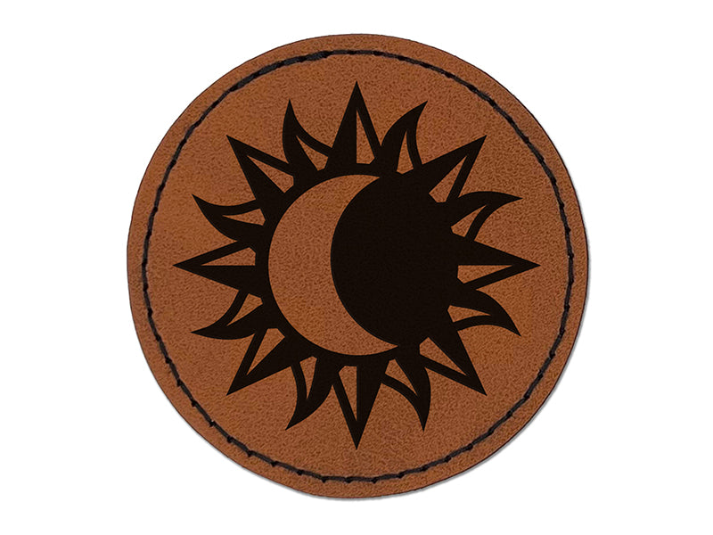 Solar Eclipse Sun Moon Round Iron-On Engraved Faux Leather Patch Applique - 2.5"