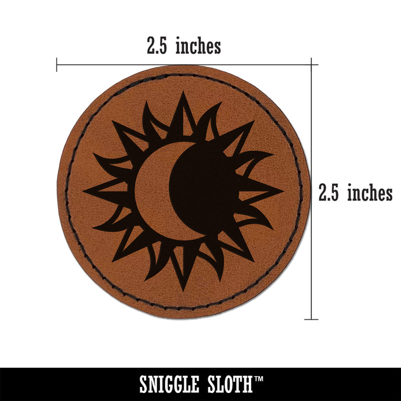 Solar Eclipse Sun Moon Round Iron-On Engraved Faux Leather Patch Applique - 2.5"