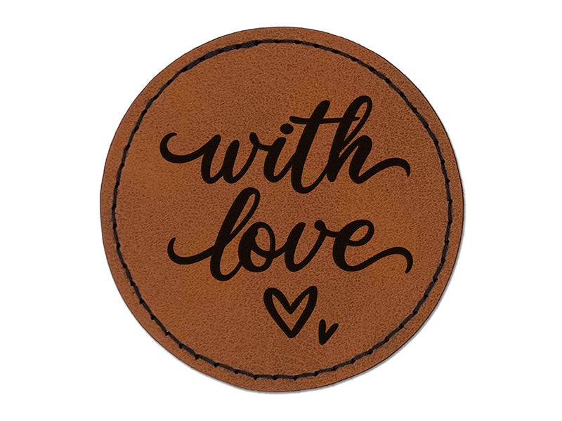 With Love Hearts Round Iron-On Engraved Faux Leather Patch Applique - 2.5"