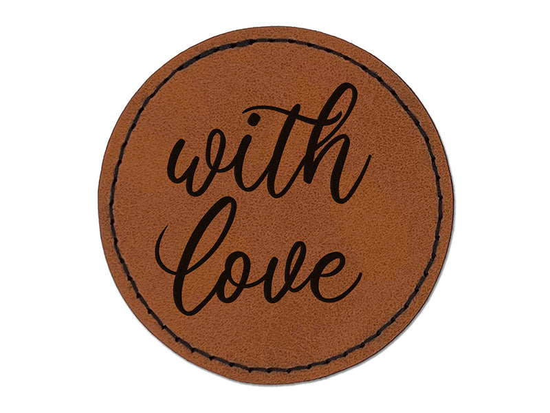 With Love Script Round Iron-On Engraved Faux Leather Patch Applique - 2.5"