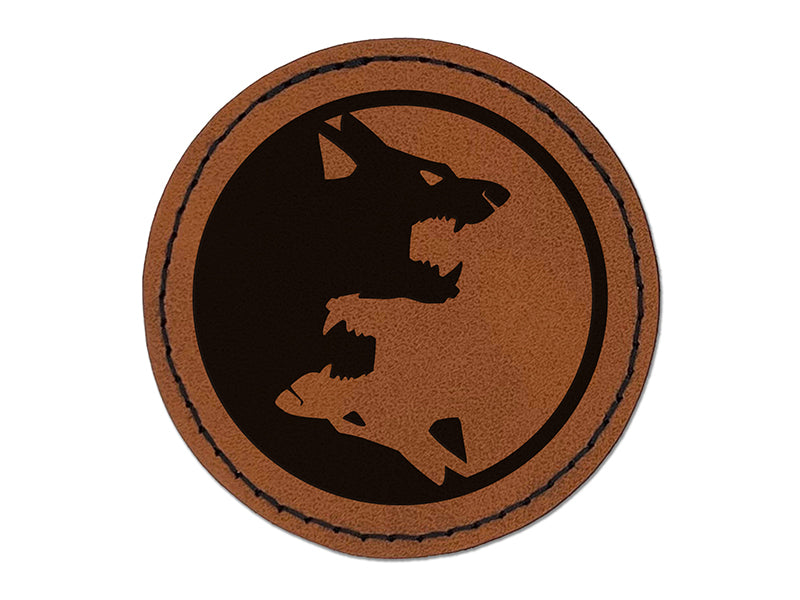 Yin Yang Wolf Wolves Round Iron-On Engraved Faux Leather Patch Applique - 2.5"