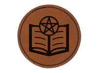 Book of Sorcery Witchcraft Magic Round Iron-On Engraved Faux Leather Patch Applique - 2.5"
