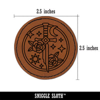 Broken Magical Sword Round Iron-On Engraved Faux Leather Patch Applique - 2.5"