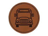 Bus Front View Teacher School Round Iron-On Engraved Faux Leather Patch Applique - 2.5"