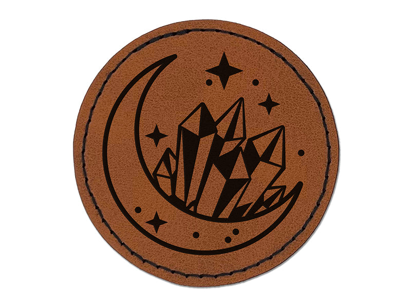 Celestial Moon and Crystals Round Iron-On Engraved Faux Leather Patch Applique - 2.5"