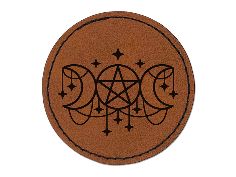 Celestial Moon Goddess Round Iron-On Engraved Faux Leather Patch Applique - 2.5"