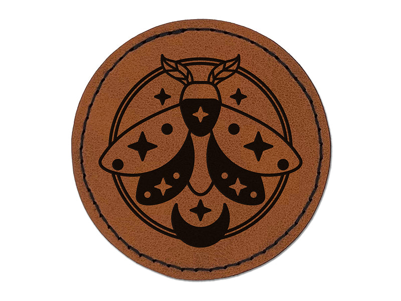 Celestial Universe Galaxy Moth Round Iron-On Engraved Faux Leather Patch Applique - 2.5"
