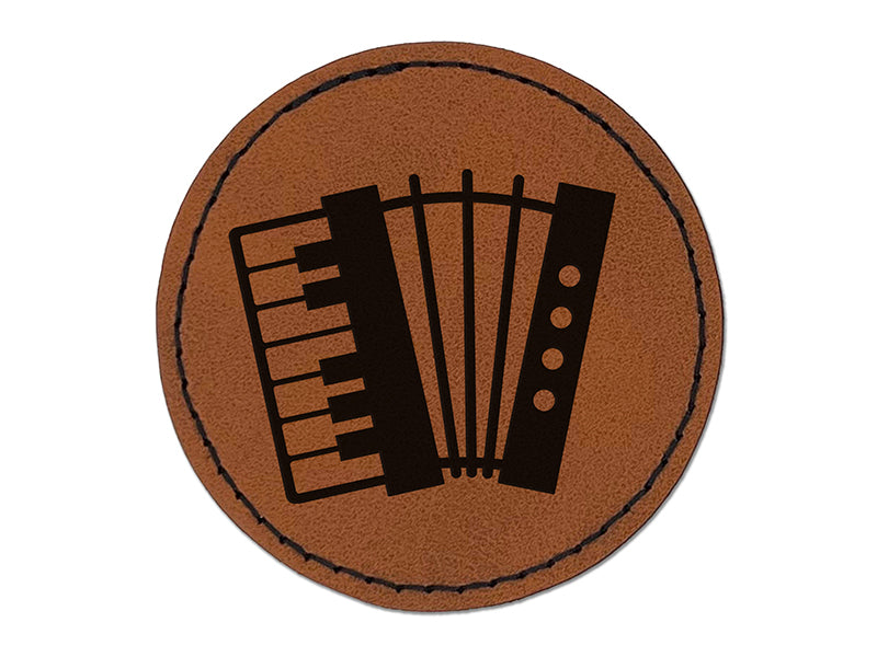 Classic Accordion Music Round Iron-On Engraved Faux Leather Patch Applique - 2.5"
