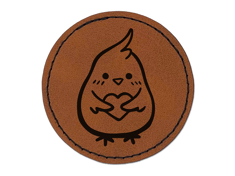 Cockatoo Holding Heart Round Iron-On Engraved Faux Leather Patch Applique - 2.5"