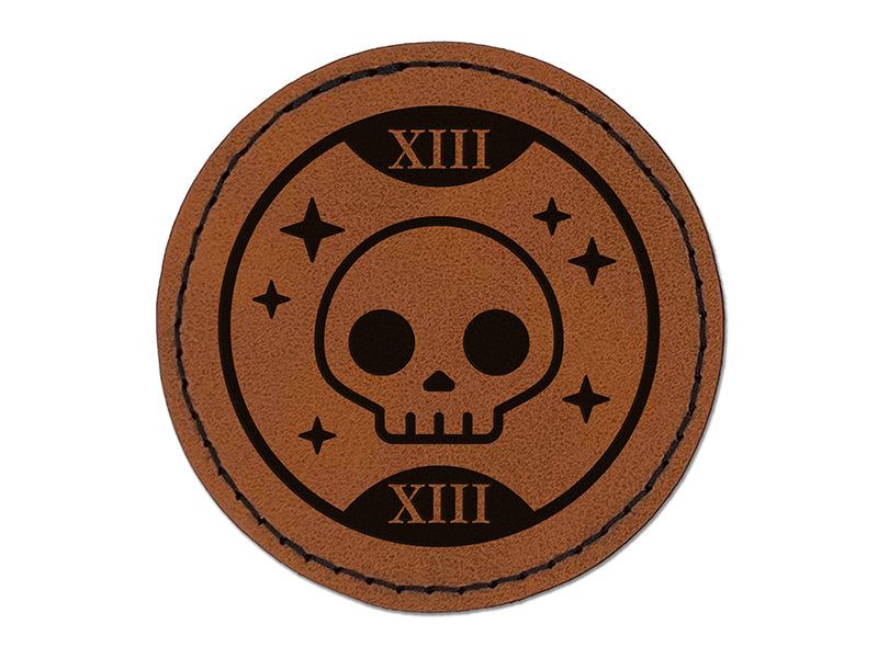 Death Tarot Card Round Iron-On Engraved Faux Leather Patch Applique - 2.5"