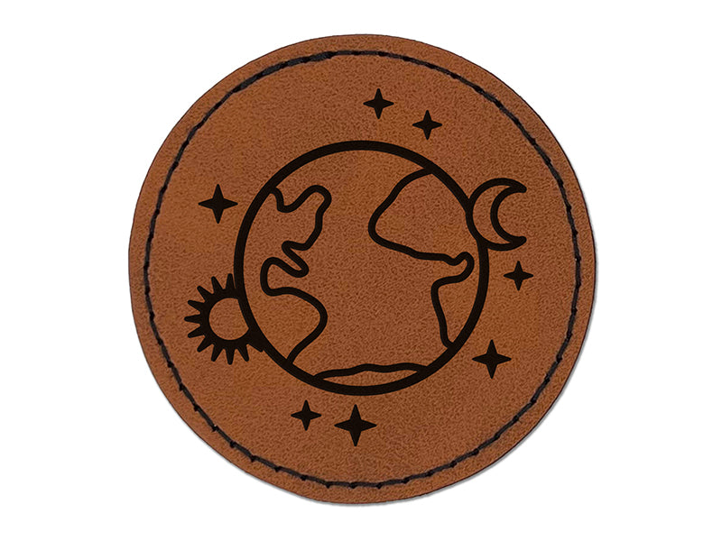 Earth Sun Moon Stars Round Iron-On Engraved Faux Leather Patch Applique - 2.5"