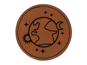 Earth Sun Moon Stars Round Iron-On Engraved Faux Leather Patch Applique - 2.5"