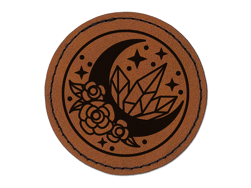 Floral Moon Crystals Round Iron-On Engraved Faux Leather Patch Applique - 2.5"