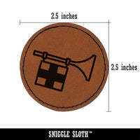 Horn with Flag Tarot Card Round Iron-On Engraved Faux Leather Patch Applique - 2.5"