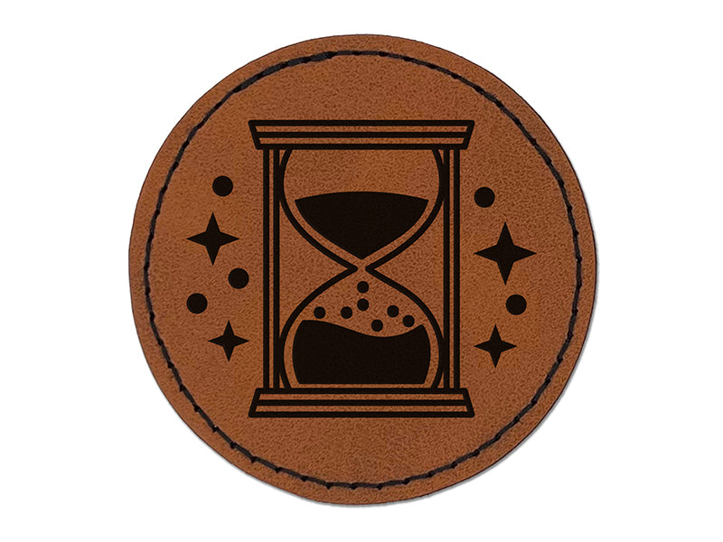 Hourglass Sands of Time Round Iron-On Engraved Faux Leather Patch Applique - 2.5"