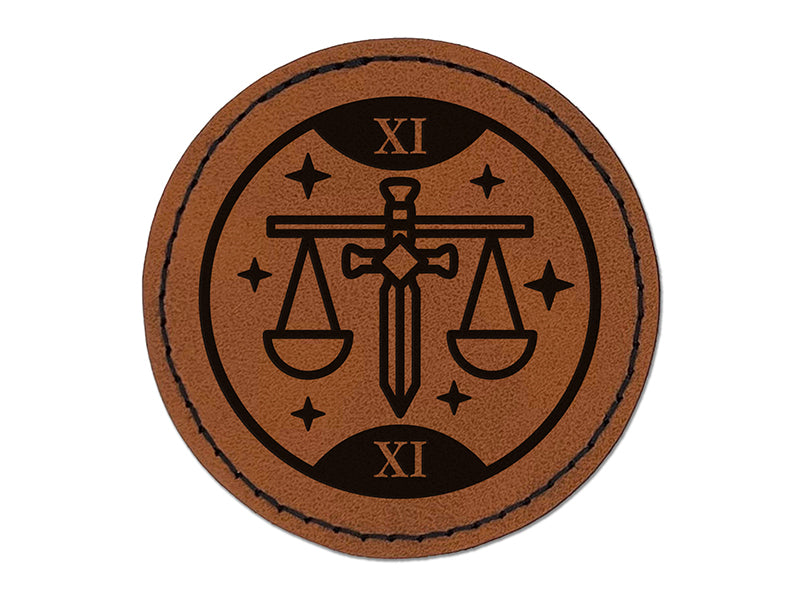 Justice Tarot Card Round Iron-On Engraved Faux Leather Patch Applique - 2.5"