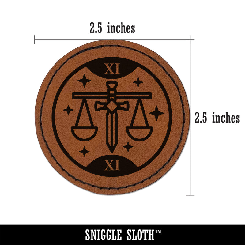 Justice Tarot Card Round Iron-On Engraved Faux Leather Patch Applique - 2.5"
