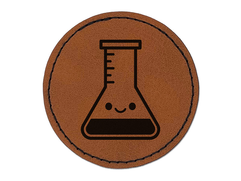 Kawaii Beaker Science Teacher School Round Iron-On Engraved Faux Leather Patch Applique - 2.5"