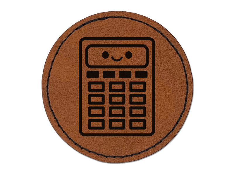 Kawaii Calculator Math Teacher School Round Iron-On Engraved Faux Leather Patch Applique - 2.5"