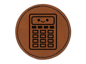 Kawaii Calculator Math Teacher School Round Iron-On Engraved Faux Leather Patch Applique - 2.5"