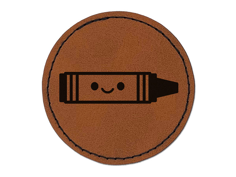 Kawaii Crayon Crafts Teacher School Round Iron-On Engraved Faux Leather Patch Applique - 2.5"